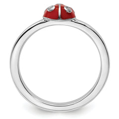 Sterling Silver Stackable Expressions Red /Blk Enamel Ladybug WithDiamond Rin