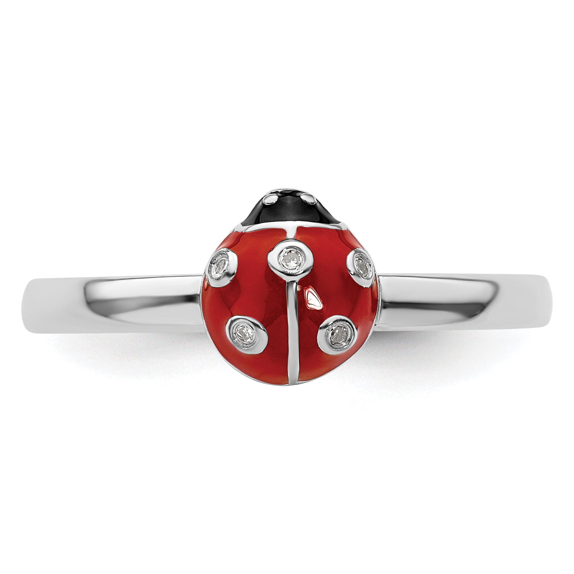 Sterling Silver Stackable Expressions Red /Blk Enamel Ladybug WithDiamond Rin