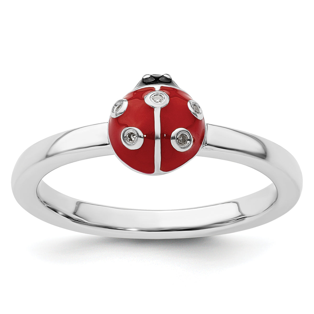 Sterling Silver Stackable Expressions Red /Blk Enamel Ladybug WithDiamond Rin