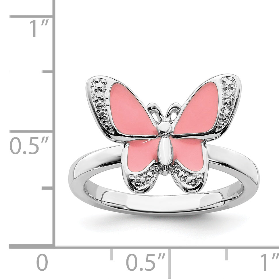 Sterling Silver Stackable Expressions Pink Enamel Butterfly Ring