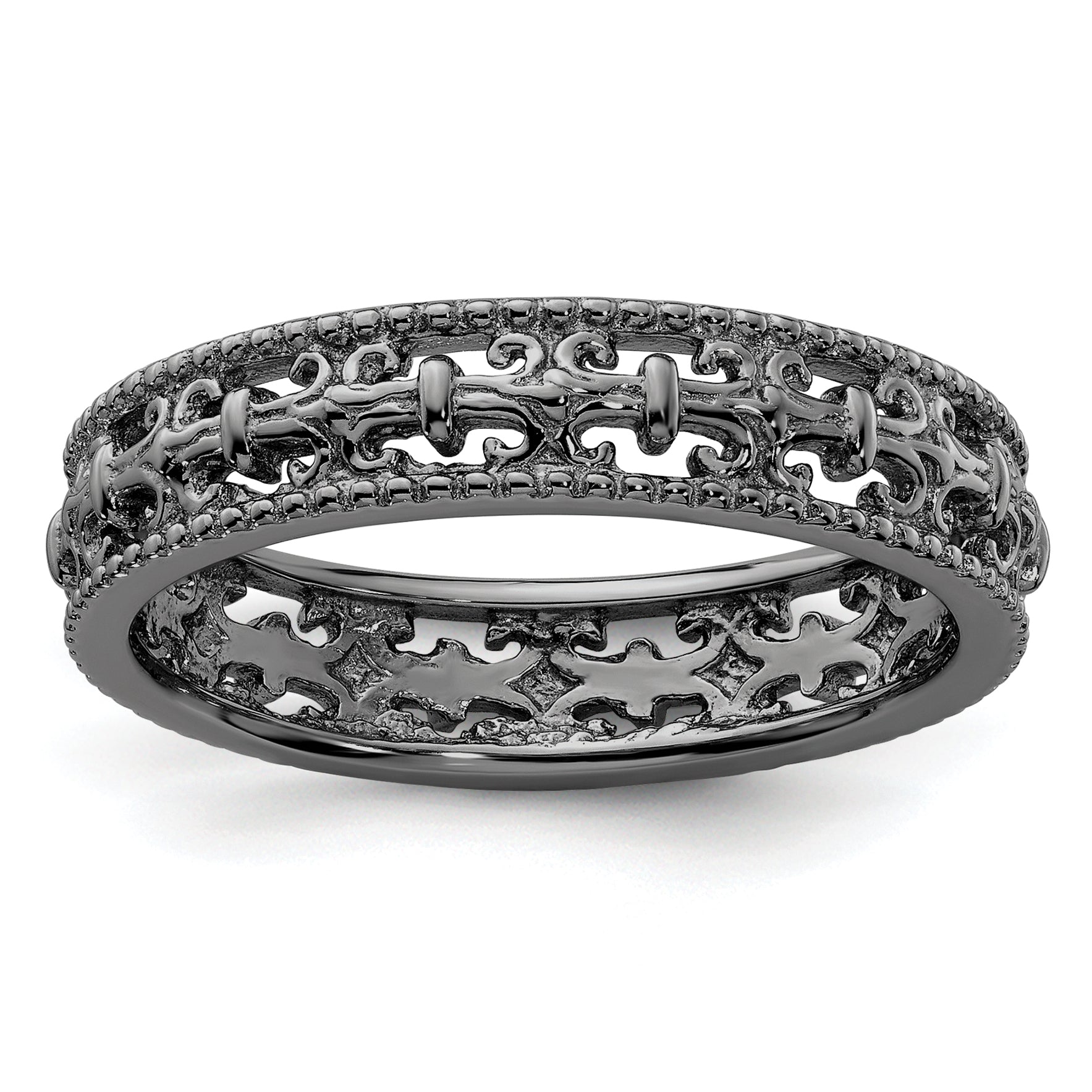 Sterling Silver Stackable Expressions Black-plated Carved Band