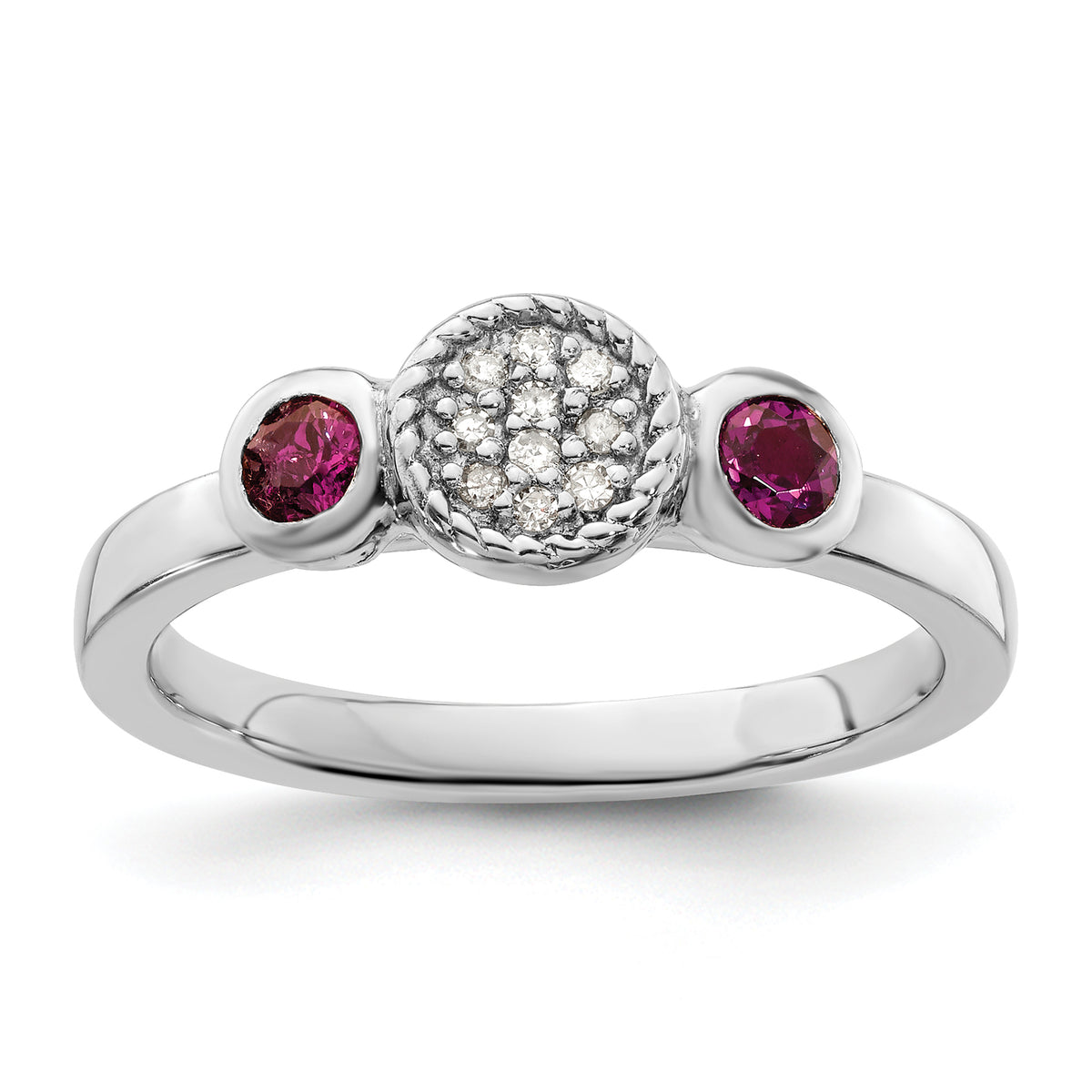 Sterling Silver Stackable Expressions Dbl Round Rhod. Garnet & Dia. Ring