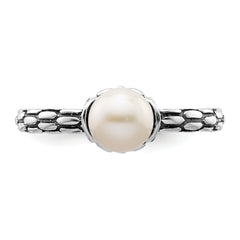 Sterling Silver Stack Exp. Polished Patterned White Fresh Water Cultured Pearl Ring