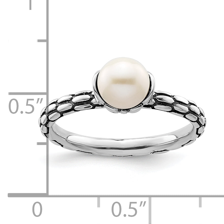 Sterling Silver Stack Exp. Polished Patterned White Fresh Water Cultured Pearl Ring