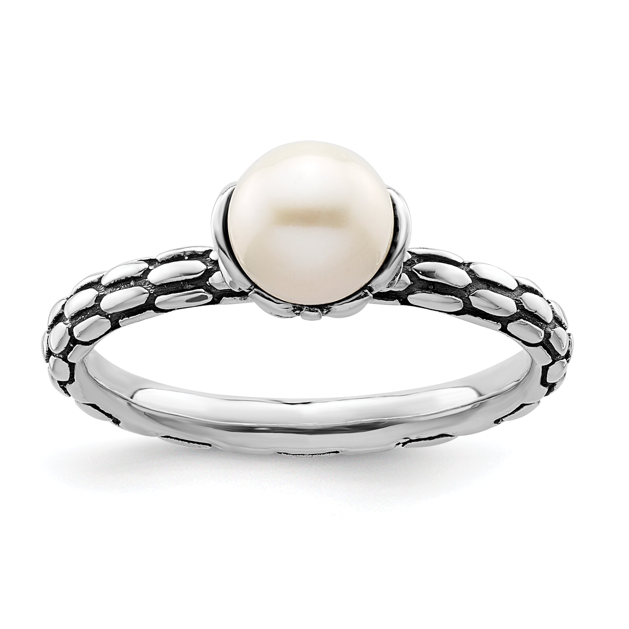 Sterling Silver Stack Exp. Polished Patterned White Fresh Water Cultured Pearl Ring