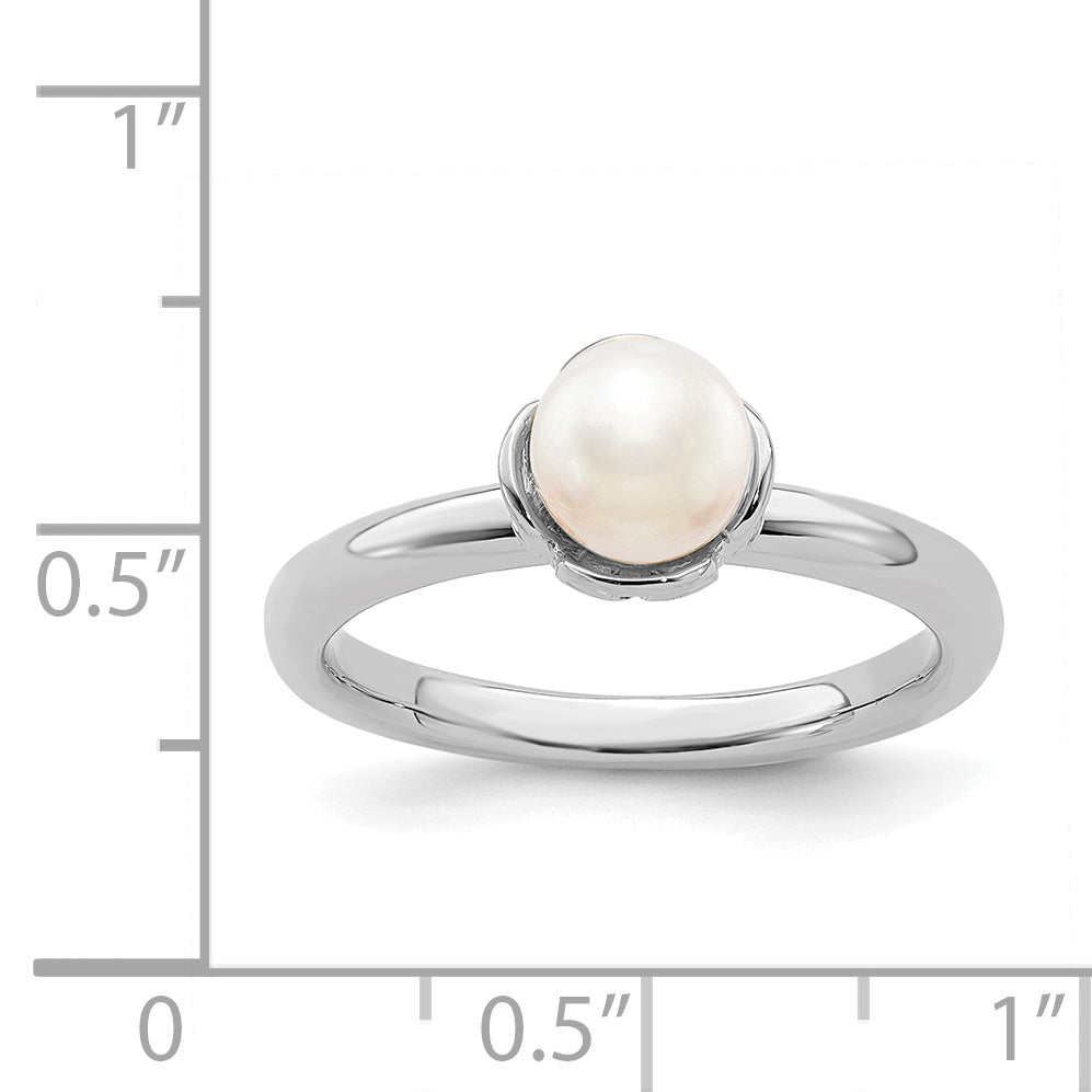 Sterling Silver Stack Exp. Polished White Fresh Water Cultured Pearl Ring