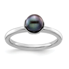 Sterling Silver Stack Exp. Polished Black Fresh Water Cultured Pearl Ring