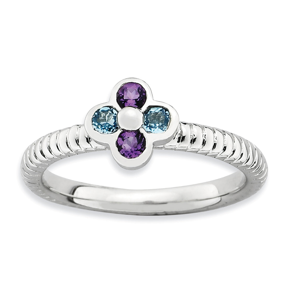 Sterling Silver Stackable Expressions Blue Topaz & Amethyst Flower Ring