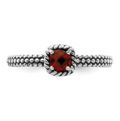 Sterling Silver Stackable Expressions Checker-cut Garnet Antiqued Ring