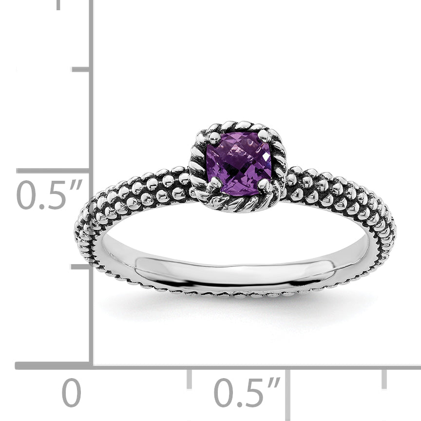 Sterling Silver Stackable Expressions Checker-cut Amethyst Antiqued Ring