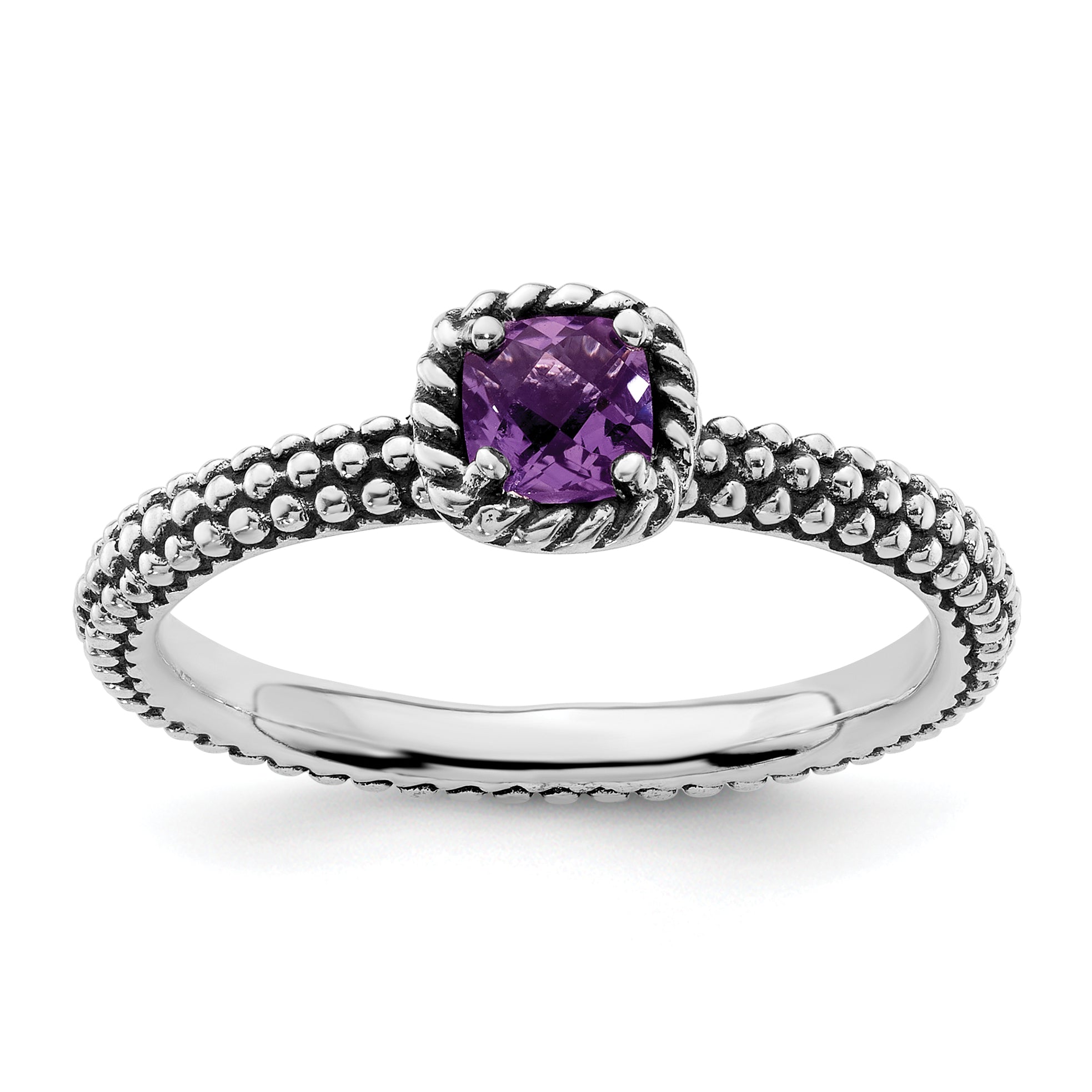 Sterling Silver Stackable Expressions Checker-cut Amethyst Antiqued Ring