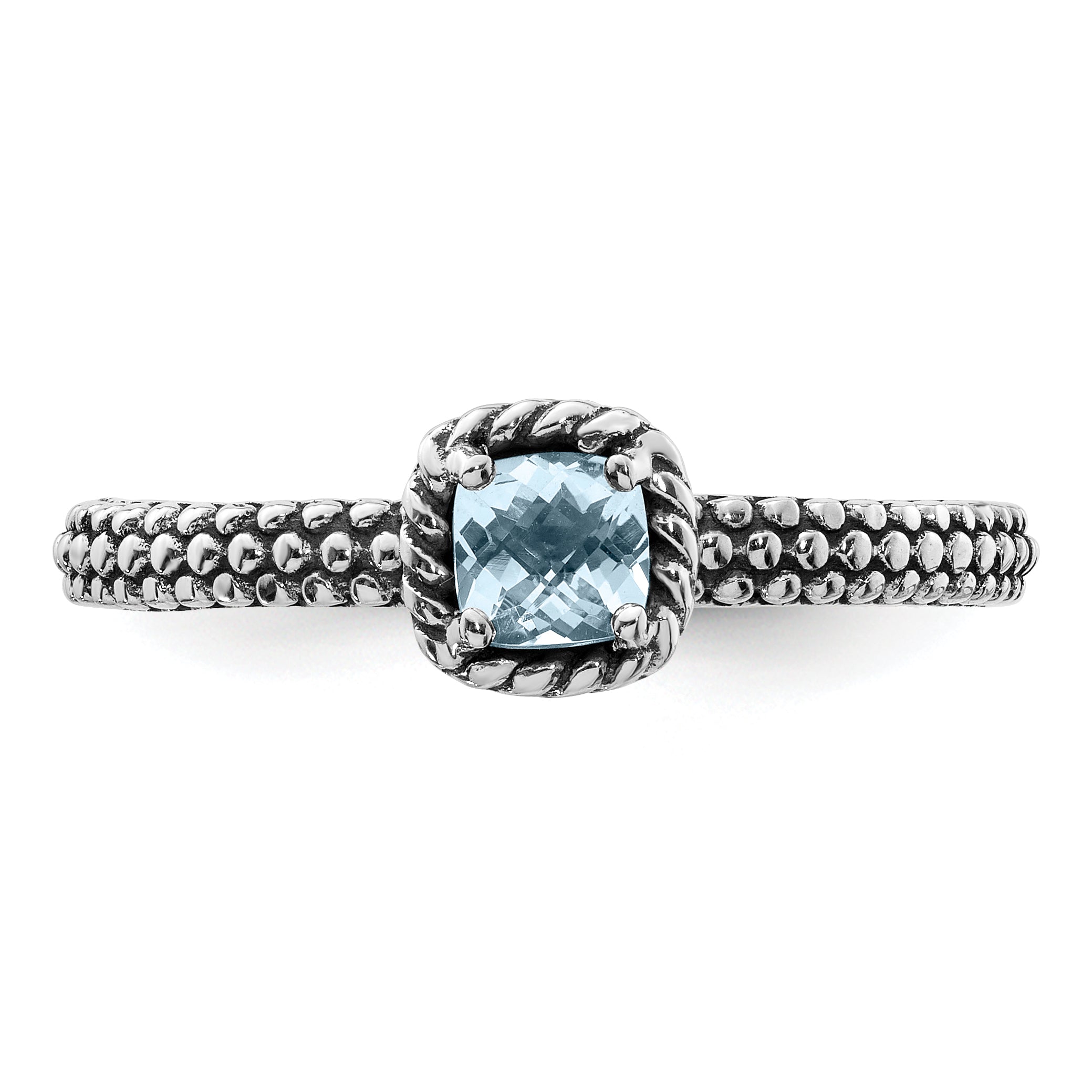 Sterling Silver Stackable Expressions Checker-cut Aquamarine Antiqued Ring