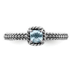 Sterling Silver Stackable Expressions Checker-cut Aquamarine Antiqued Ring