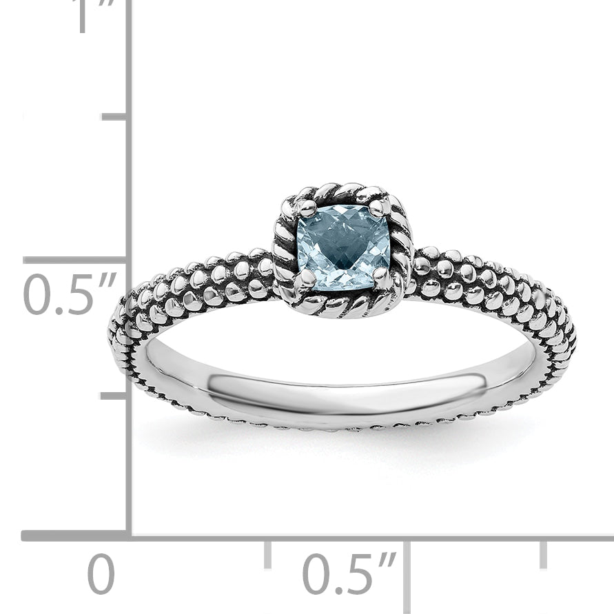 Sterling Silver Stackable Expressions Checker-cut Aquamarine Antiqued Ring