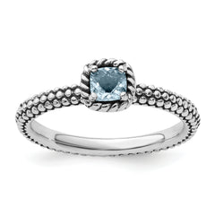 Sterling Silver Stackable Expressions Checker-cut Aquamarine Antiqued Ring