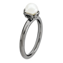 Sterling Silver Stack Exp. White Fresh Water Cultured Pearl Black-plate Ring