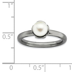 Sterling Silver Stack Exp. White Fresh Water Cultured Pearl Black-plate Ring