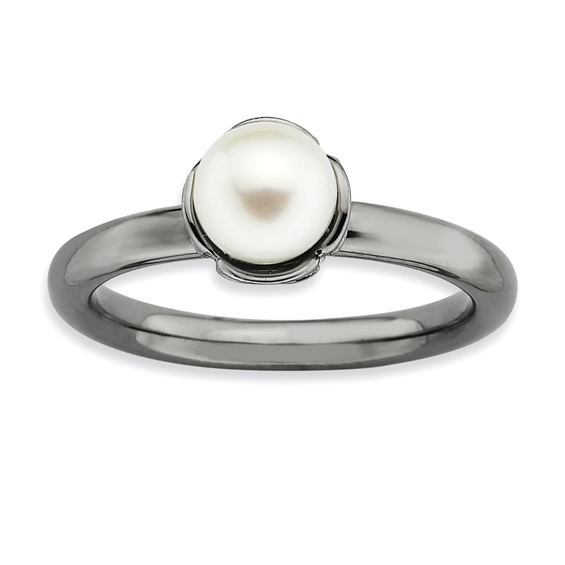 Sterling Silver Stack Exp. White Fresh Water Cultured Pearl Black-plate Ring