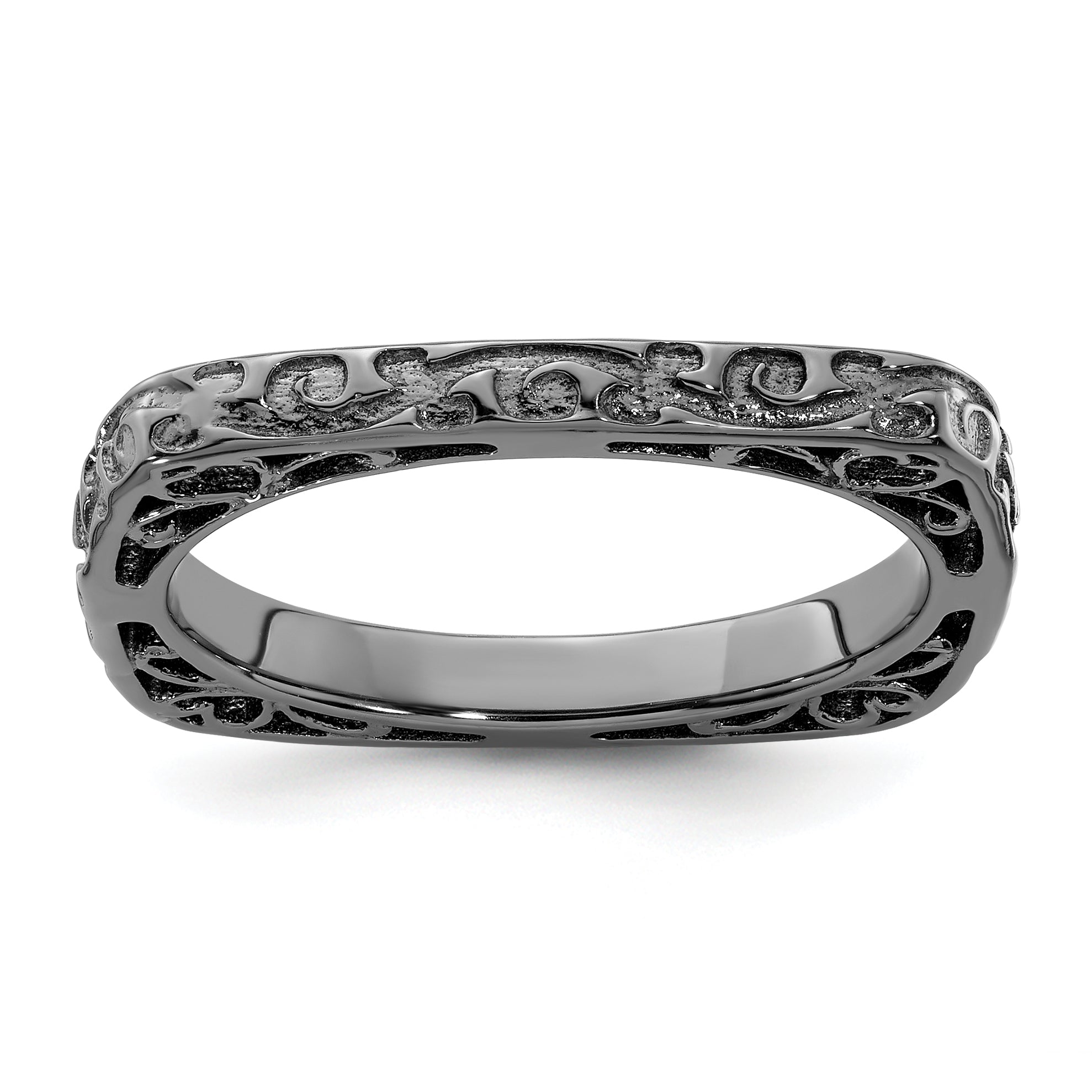 Sterling Silver Stackable Expressions Polished Black-plated Square Ring