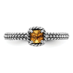 Sterling Silver Stackable Expressions Checker-cut Citrine Antiqued Ring