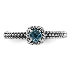 Sterling Silver Stackable Expressions Checker-cut Blue Topaz Antiqued Ring