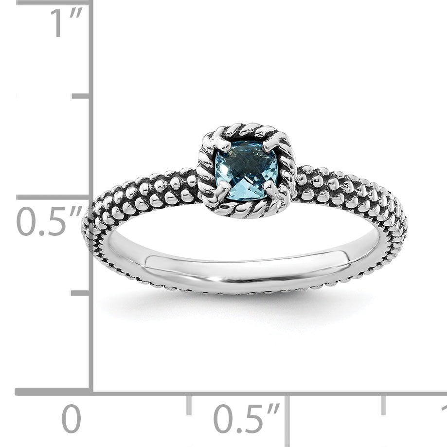 Sterling Silver Stackable Expressions Checker-cut Blue Topaz Antiqued Ring