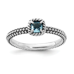 Sterling Silver Stackable Expressions Checker-cut Blue Topaz Antiqued Ring