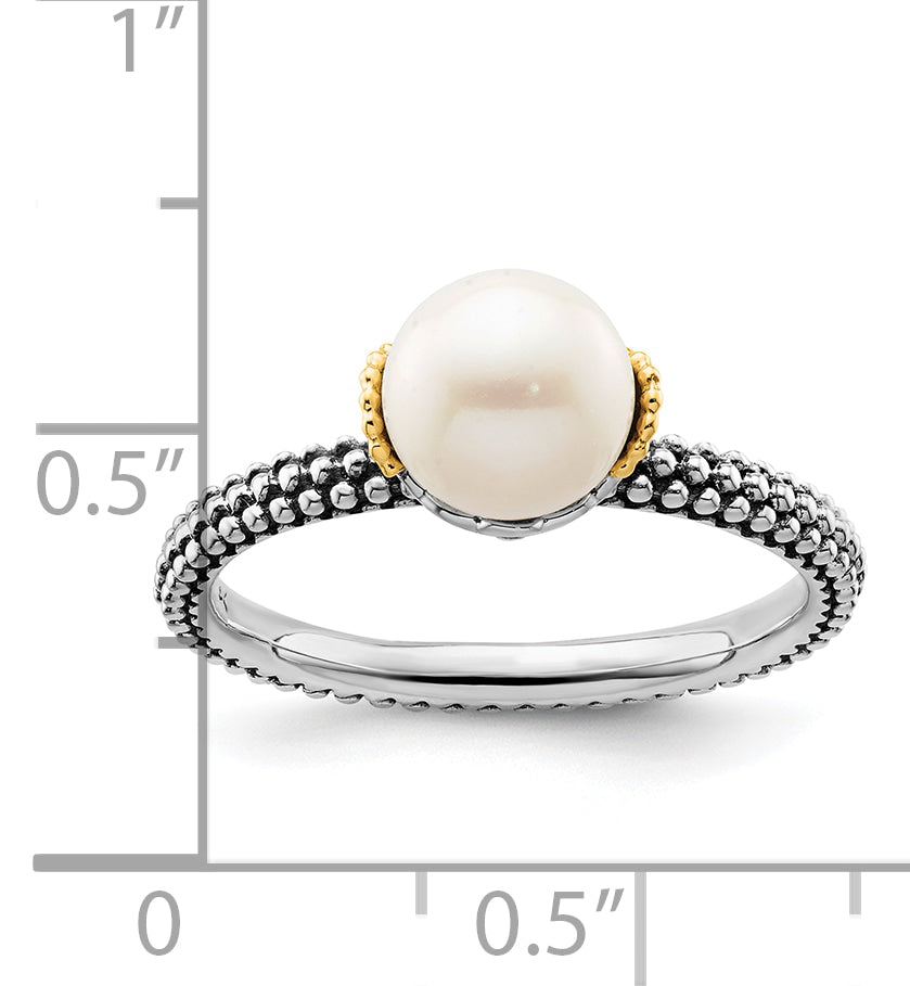 Sterling Silver & 14k Stack Exp. 7.0-7.5mm White FW Cultured Pearl Ring