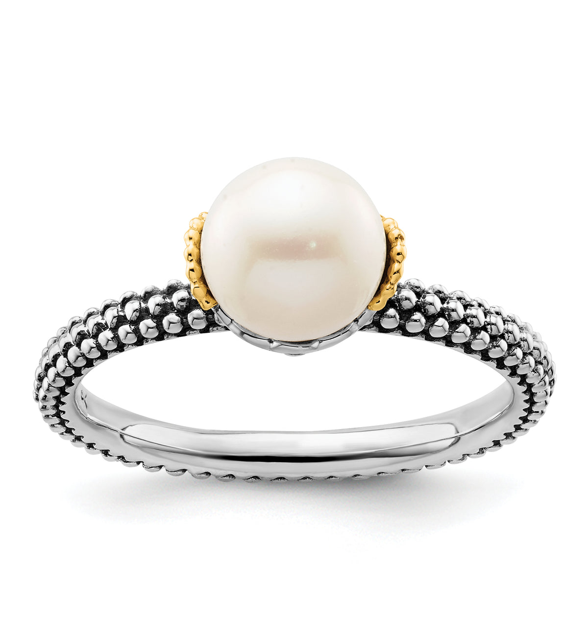 Sterling Silver & 14k Stack Exp. 7.0-7.5mm White FW Cultured Pearl Ring