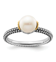 Sterling Silver & 14k Stack Exp. 7.0-7.5mm White FW Cultured Pearl Ring