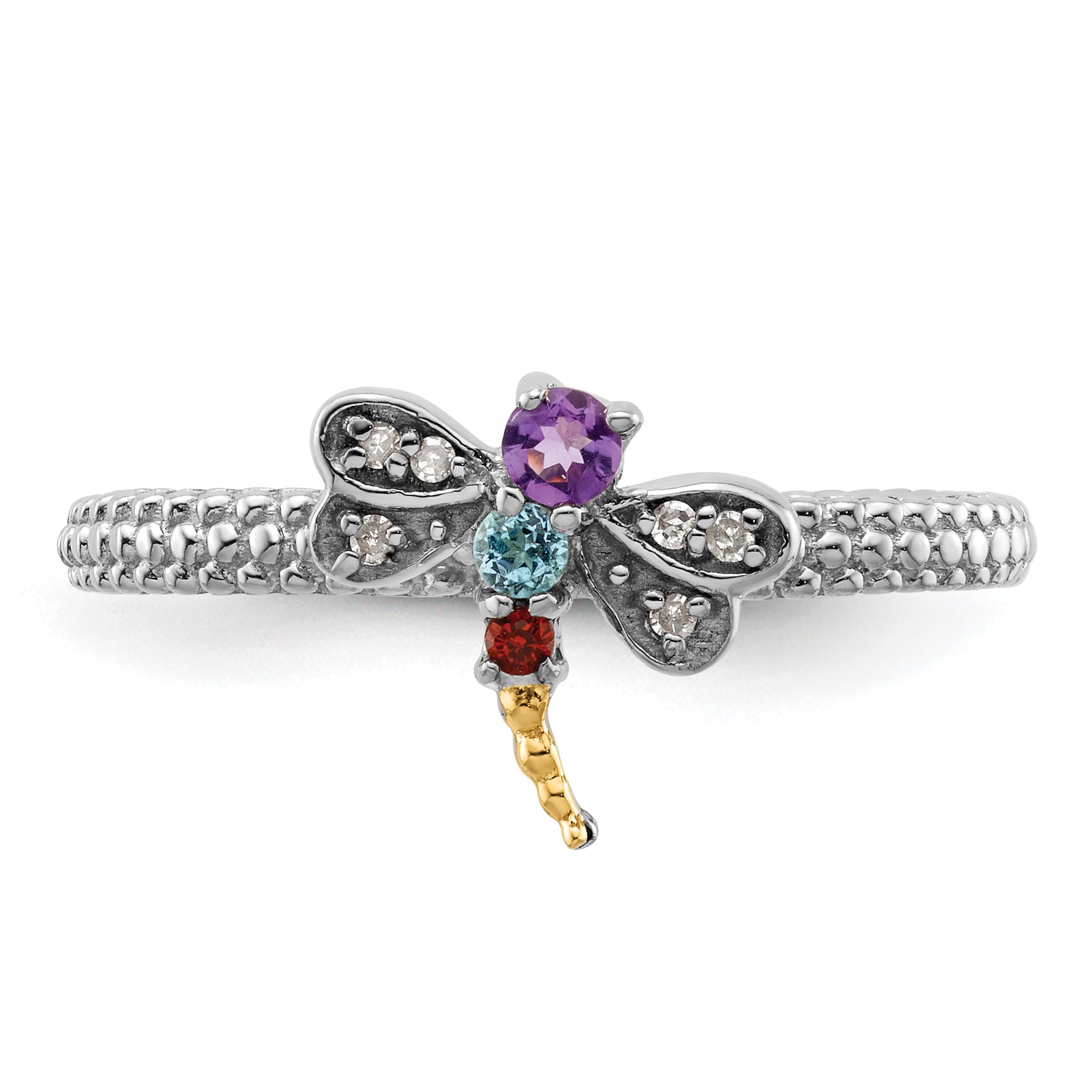 Sterling Silver&14k Stackable Expressions Gemstone & Diamond Dragonfly Ring