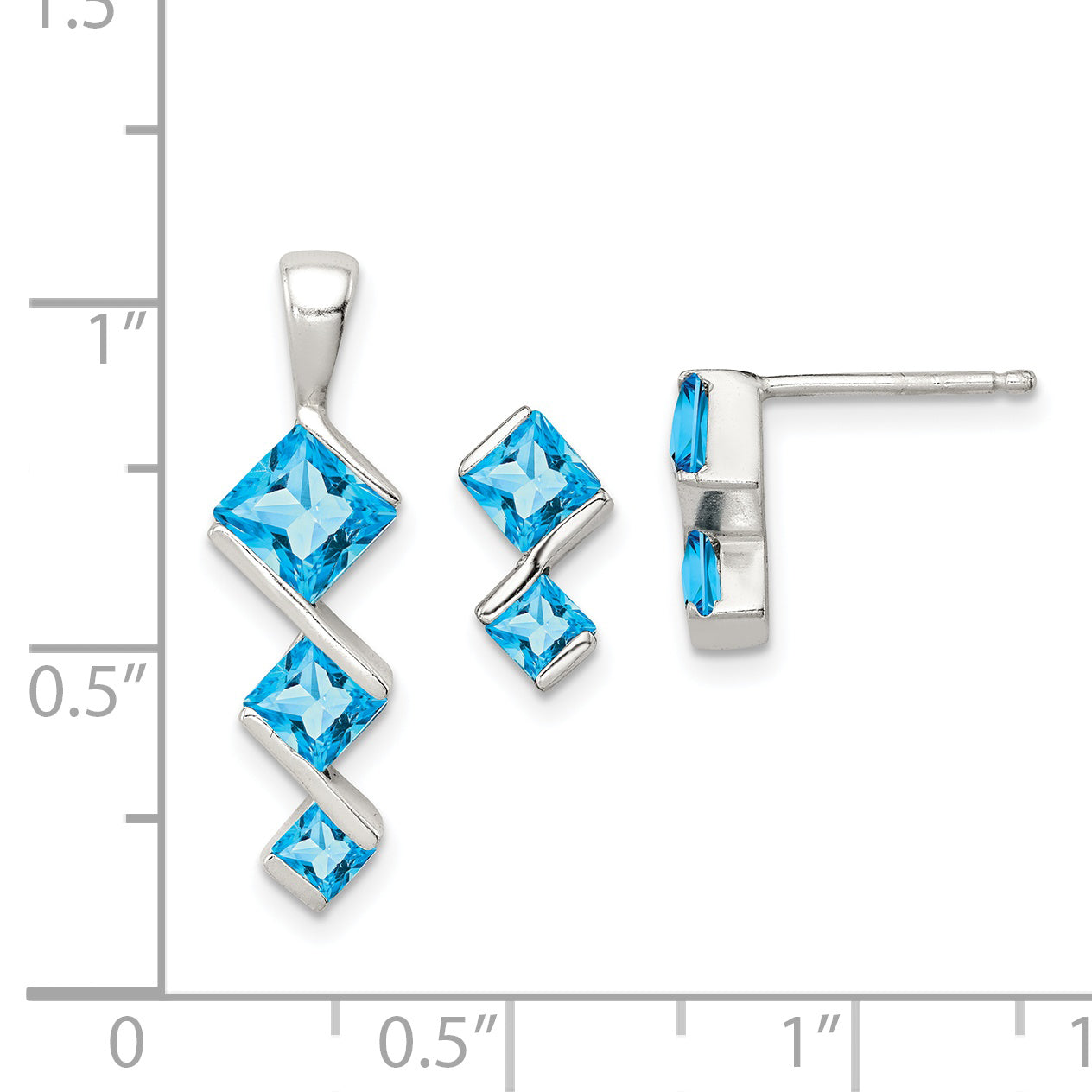 Sterling Silver Polished Blue Topaz Pendant and Post Earrings Set