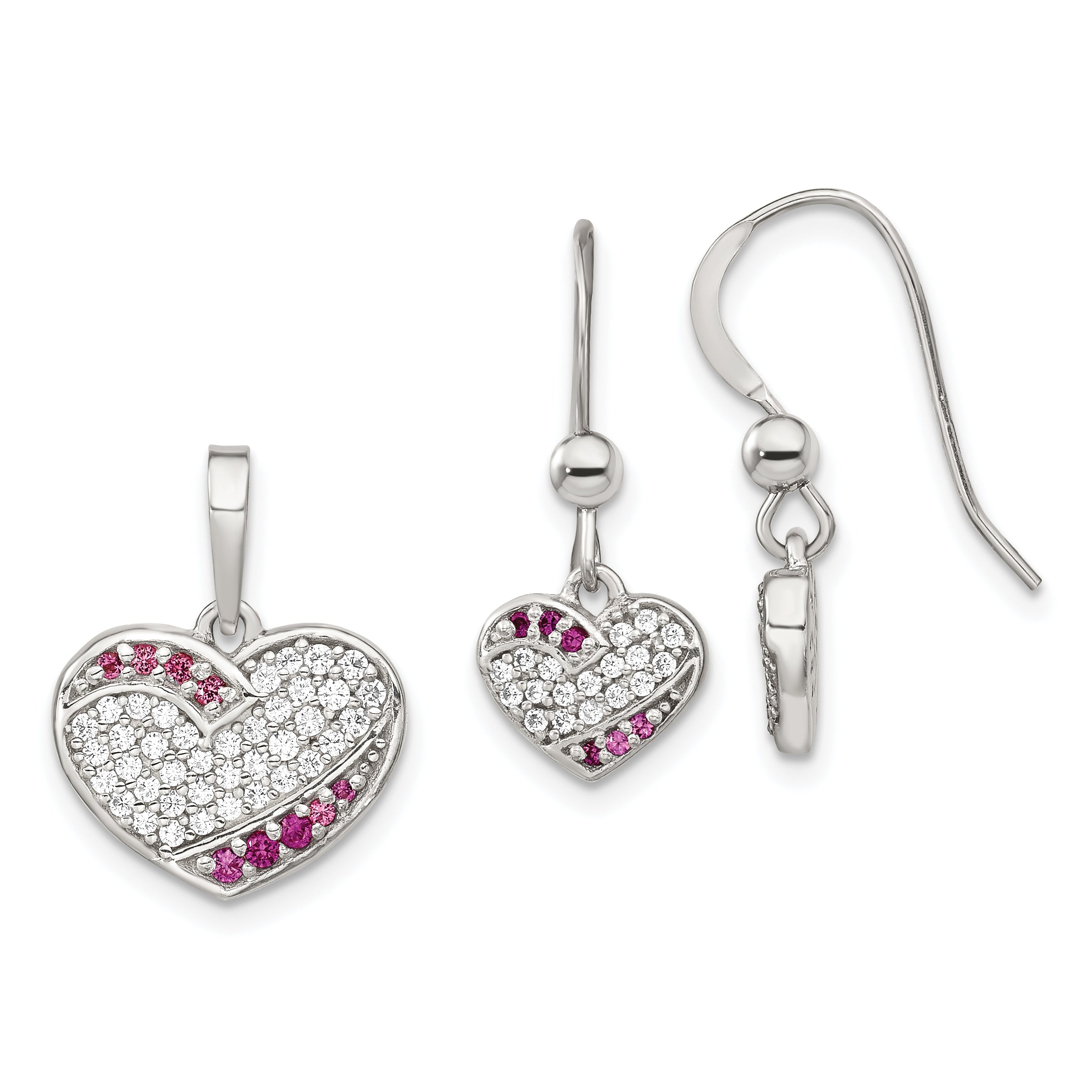 Sterling Silver Rhodium-plated CZ Heart Dangle Earring & Pendant Set