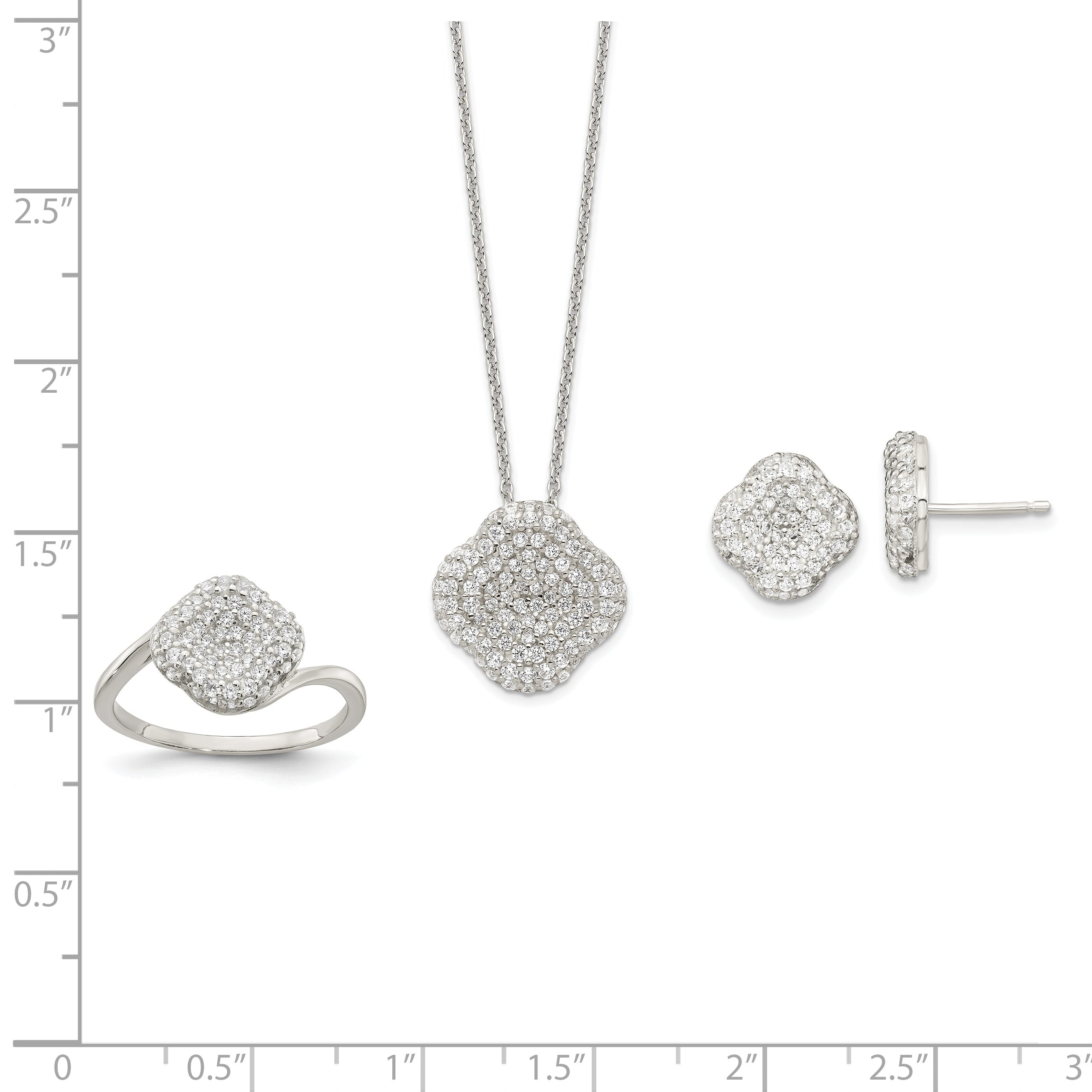 Sterling Silver 16in w/1.5 in Ext CZ Square Necklace/Earrings/Ring Set