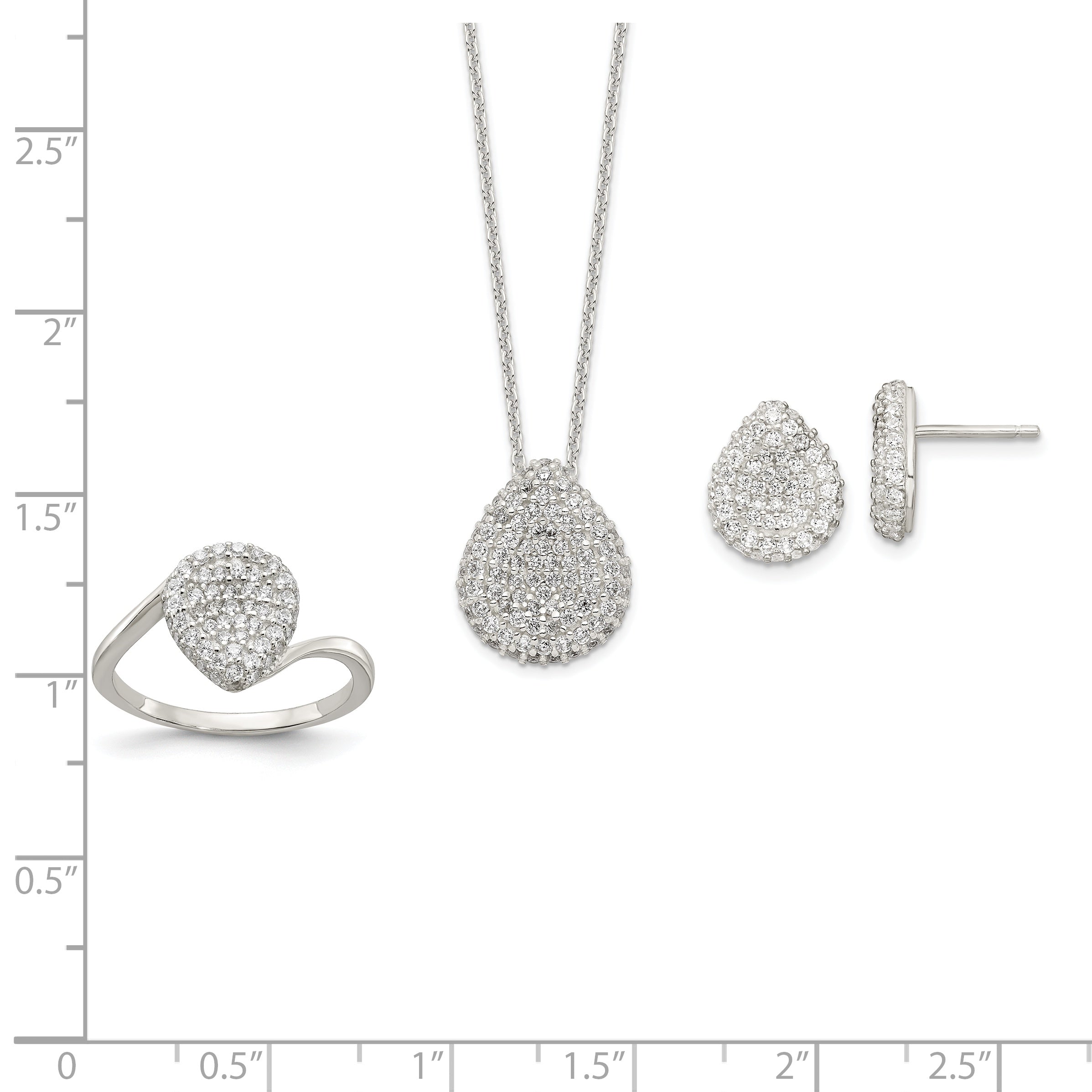 Sterling Silver 16 in w/1.5 in Ext. CZ Pear Necklace, Earrings and Ring