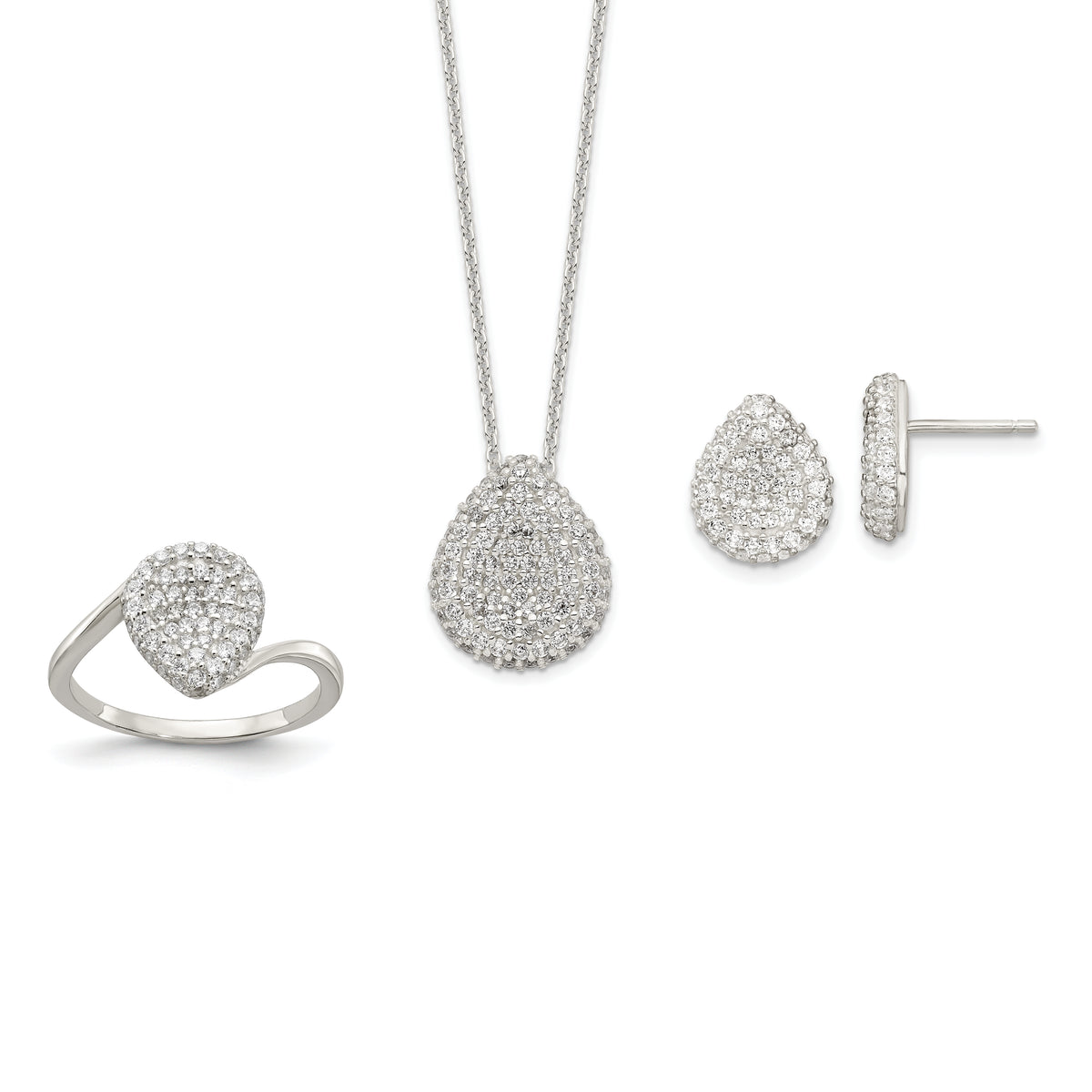 Sterling Silver 16 in w/1.5 in Ext. CZ Pear Necklace, Earrings and Ring