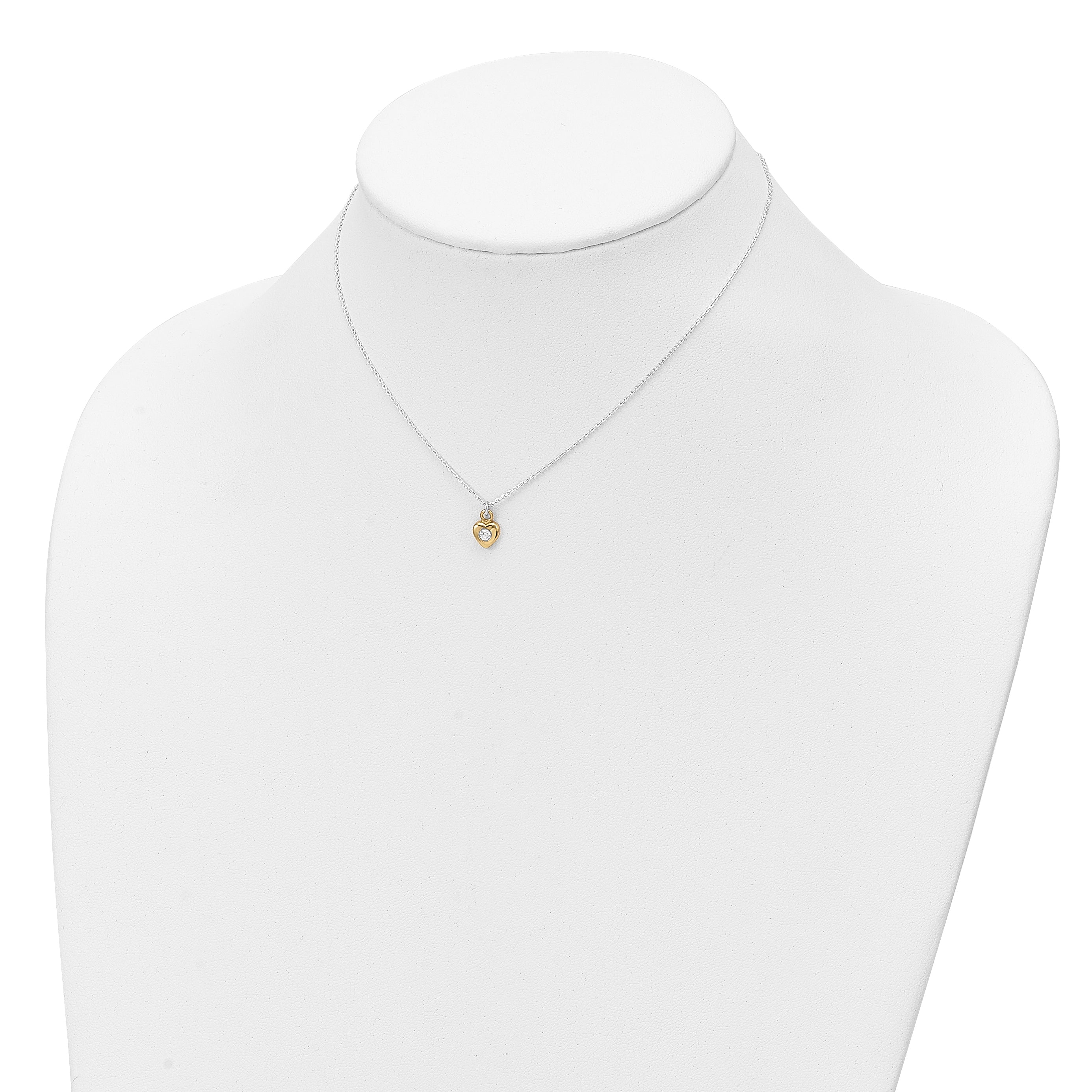 Sterling Silver & Gold-tone Polished CZ Heart Children's 14in Necklace and Post Earrings Set