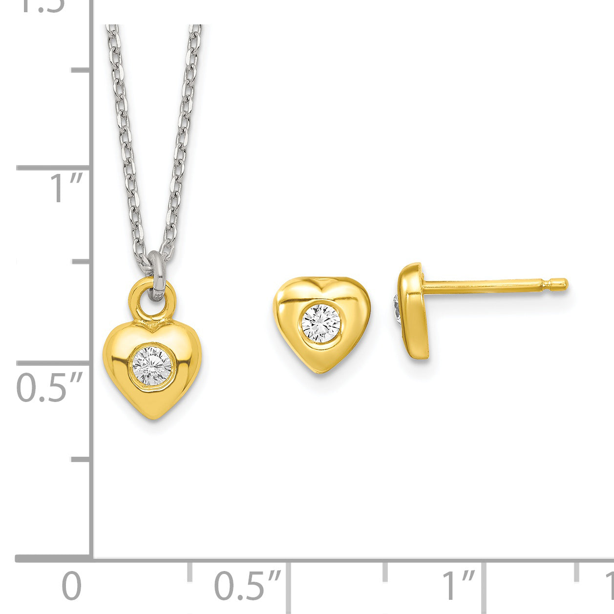 Sterling Silver & Gold-tone Polished CZ Heart Children's 14in Necklace and Post Earrings Set