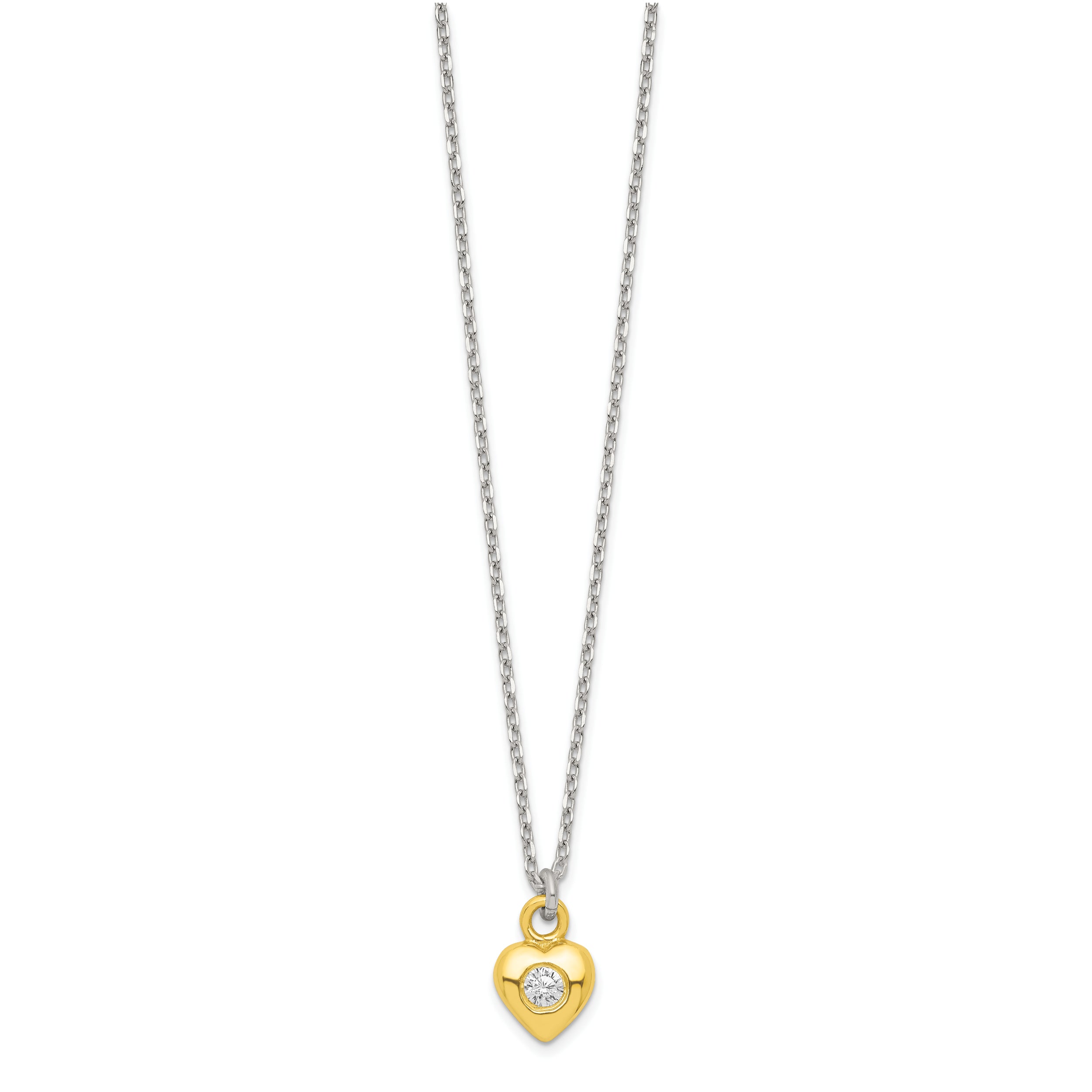 Sterling Silver & Gold-tone Polished CZ Heart Children's 14in Necklace and Post Earrings Set