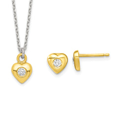 Sterling Silver & Gold-tone Polished CZ Heart Children's 14in Necklace and Post Earrings Set