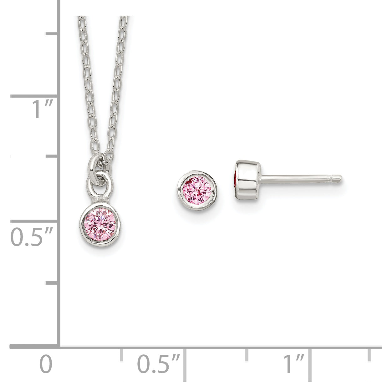 Sterling Silver Polished Pink Bezel Set CZ Children's 14in Necklace and Stud Earrings Set