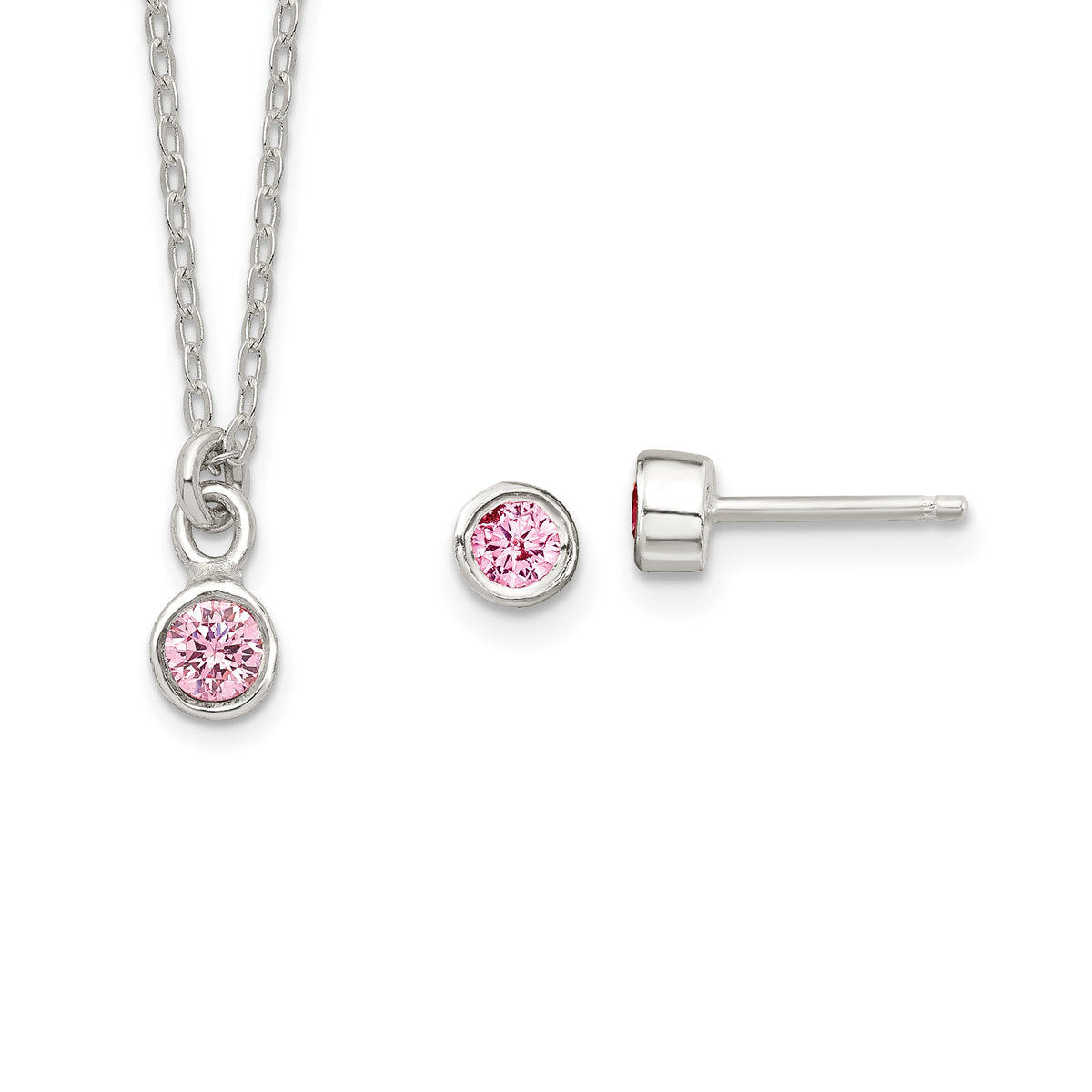 Sterling Silver Polished Pink Bezel Set CZ Children's 14in Necklace and Stud Earrings Set