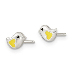 Sterling Silver Polished Yellow & Black Enameled Bird 14in Necklace and Post Earrings Set