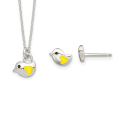 Sterling Silver Polished Yellow & Black Enameled Bird 14in Necklace and Post Earrings Set