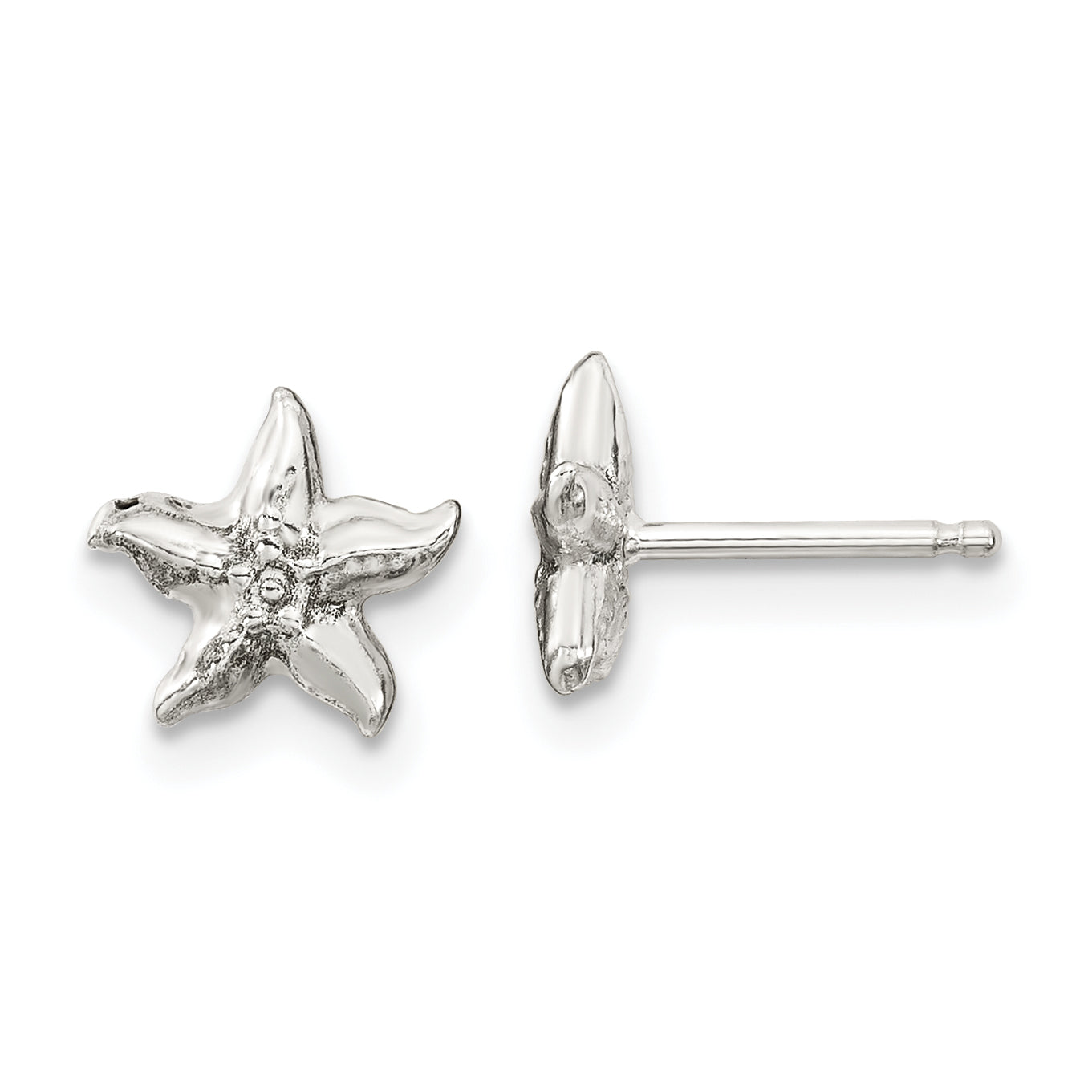 Sterling Silver Polished & Textured Starfish Children's 14in Necklace and Post Earrings Set