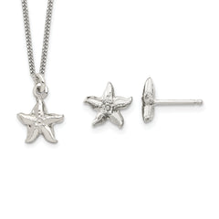 Sterling Silver Polished & Textured Starfish Children's 14in Necklace and Post Earrings Set