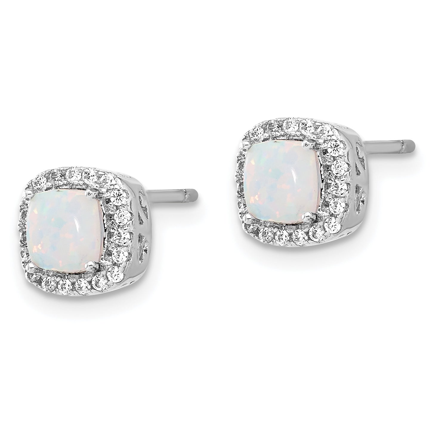 Sterling Silver Rh-plated CZ and Created Opal Halo Pendant and Earring Set