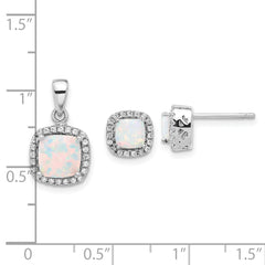 Sterling Silver Rh-plated CZ and Created Opal Halo Pendant and Earring Set