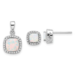 Sterling Silver Rh-plated CZ and Created Opal Halo Pendant and Earring Set