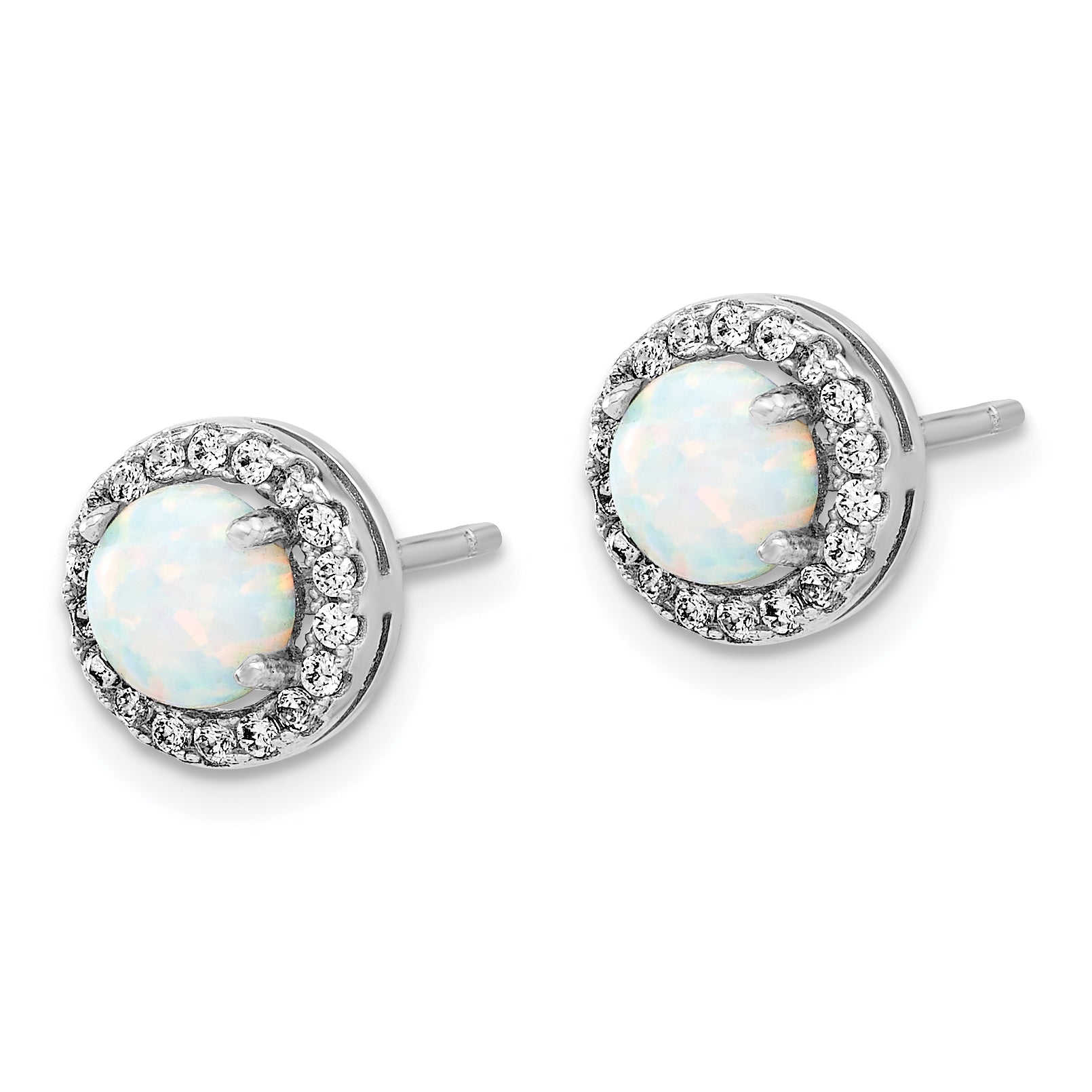 Sterling Silver Rh-plated CZ and Created Opal Halo Pendant and Earring Set